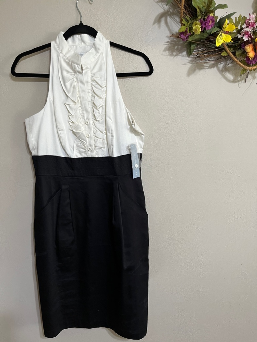 London Times Black and White Ruffle Tuxedo Dress